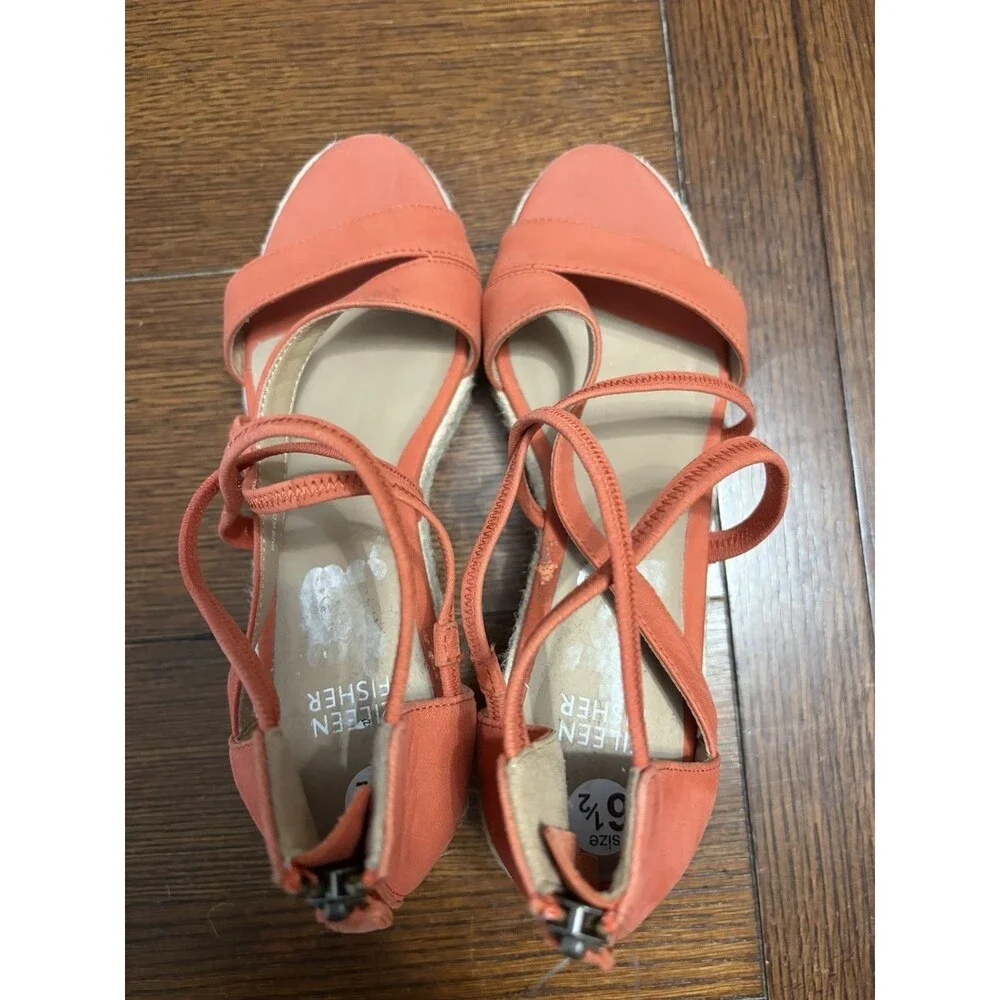 New! Eileen Fisher Wanda Orange Strappy Leather Espadrille Wedge Sandals 6.5